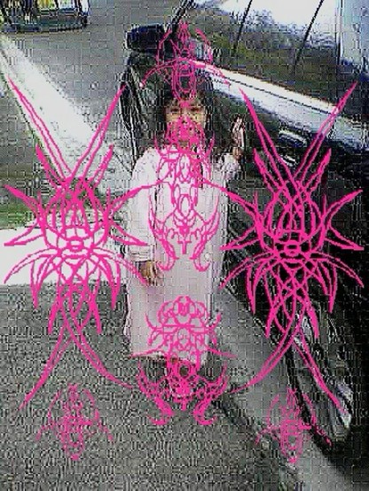 grainy photo of young girl with pink ornate line decorations on it. idk where it originally comes from