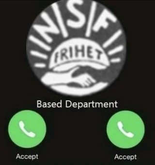 Incoming call screen showing a circular black-and-white logo with the word “NSF” and a handshake graphic labeled “FRIHET,” with the caller name “Based Department” and two green “Accept” phone icons at the bottom.