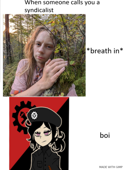 A meme with two images and text. At the top, black text reads “When someone calls you a syndicalist.” Below it is a photo of a pale, long-haired person in a forest, resting their face and hand against a mossy tree, looking calm and introspective. To the right of this image is the caption “breath in.” Below, a stylized cartoon character with a bored or annoyed expression wears a black beret with a cog symbol, set against a red-and-black background associated with syndicalism. To the right of the…