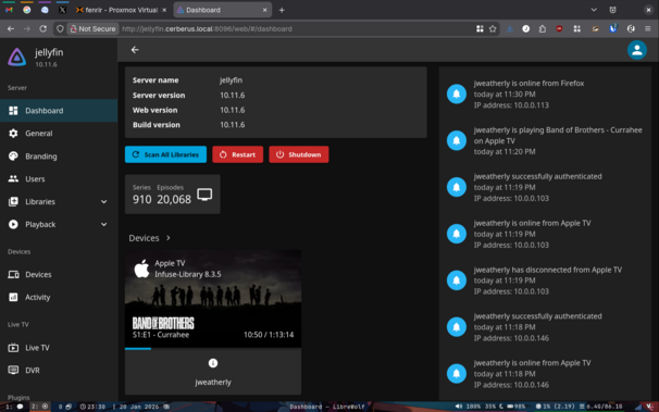 A screenshot of the Jellyfin dashboard showing the first episode of Band of Brothers being played.