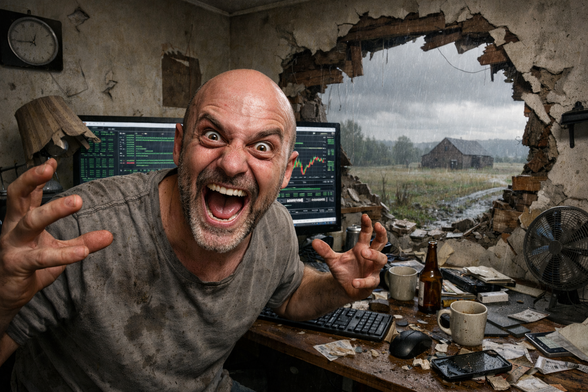 An AI generated image of a middle aged man looking crazy/frustrated in a messy home office wiht a hole in the wall in front of him. There is a computer monitor in the background.