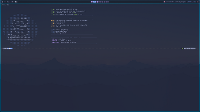 Scrot of a ghostty window, main emphasis on the bar of Noctalia Shell