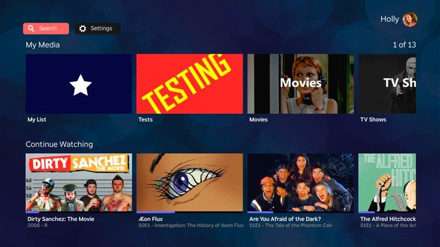 Screenshot of Jellyfin for Roku with search and setting buttons directly on the screen instead of being hidden behind the user menu.