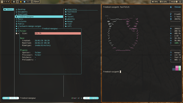 Screenshot multiple terminal windows, with yazi and a fetch, on the mango wayland compositor on FreeBSD.