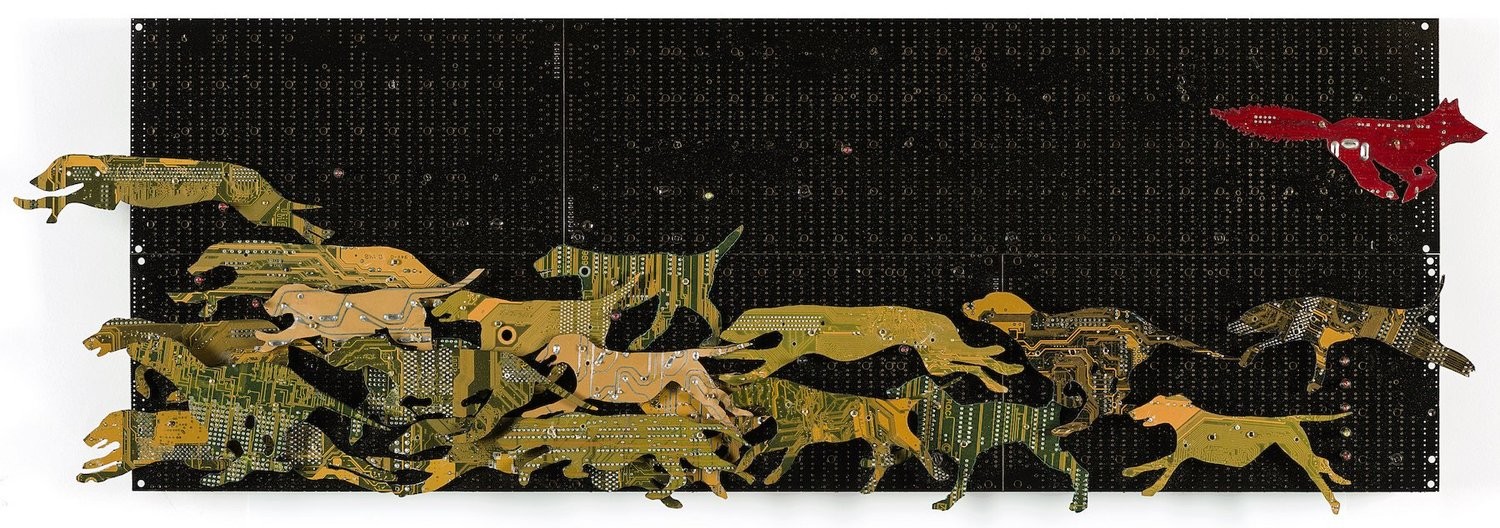 pack of yellow dogs going left, red fox going right