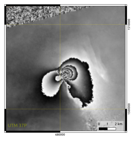 NISAR differential interferogram using recently released NISAR images of November 22 and December 4, 2025 images acquired at frequency B (1,2935GHz).
Zoom on the fringe pattern induced by the November 2025 volcanic eruption.