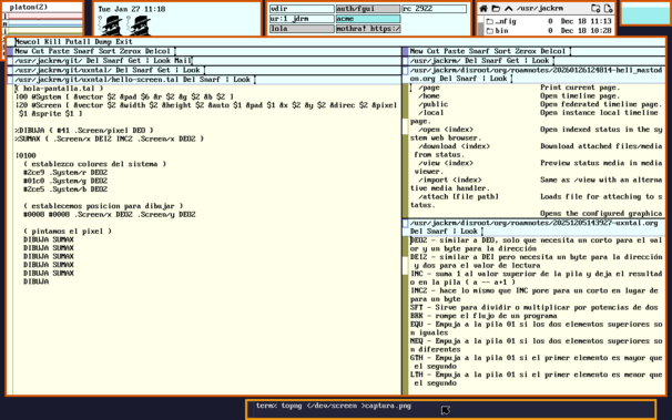 Captura de pantalla de 9front en el que se ve Acme con el correo abierto, un documento de codigo uxn y varios documentos de org-roam todo a la vez. En la pantalla tambien esta vdir y la lista de ventanas abiertas. Todo ello con un tema oscuro del escritorio Lola