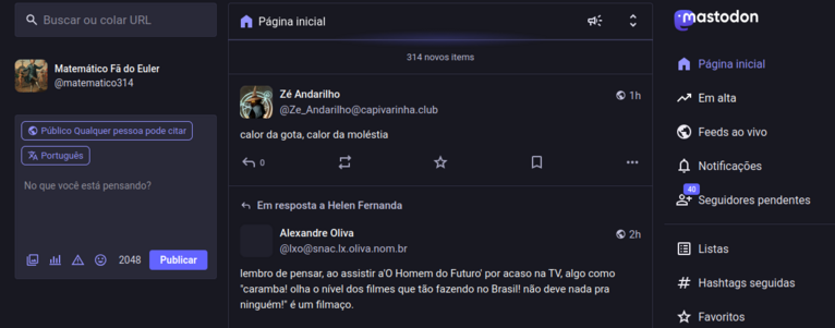 Screenshot de uma janela do mastodon no navegador, acima da qual vemos a mensagem "314 novos itens".