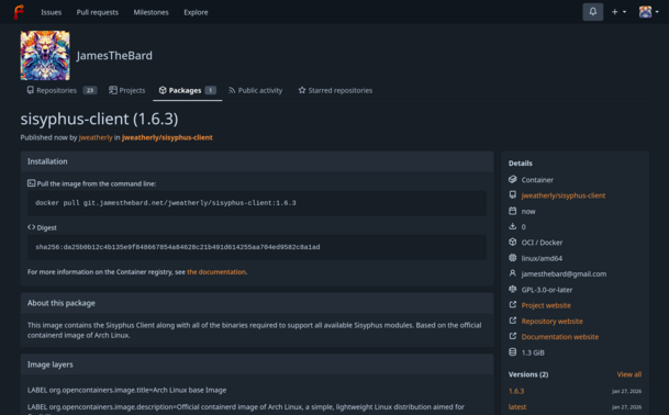 A screenshot of the new Sisyphus Client image in my personal Forgejo package repository.  Even managed to get some of the LABELs right on the fourth try.