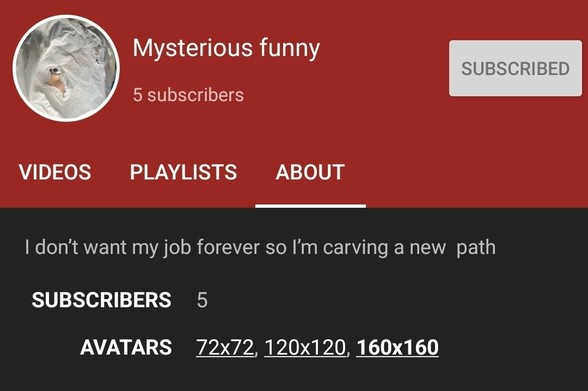 Mysterious funny
5 subscribers

I dont want my job forever so im carving a new path