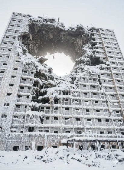 cold snowy square brutalist apartment complex with giant hole blown in it