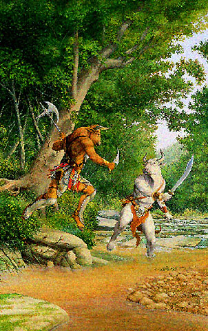 larry elmore two minotaurs battling  in forest with sword and axe pixelated 