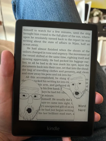 soyjack pointing at what he's reading inside the kindle