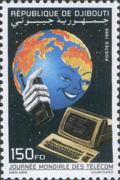 French republic of Djibouti world telecommunications day stamp 1998

the earth has a shit eating grin and holds a phone / walkie talkie. an old brick crt computer floats below