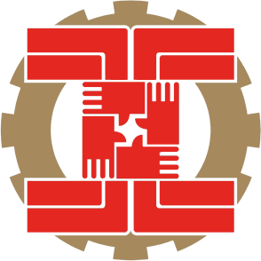 four red geometric interlocked arms over a gear