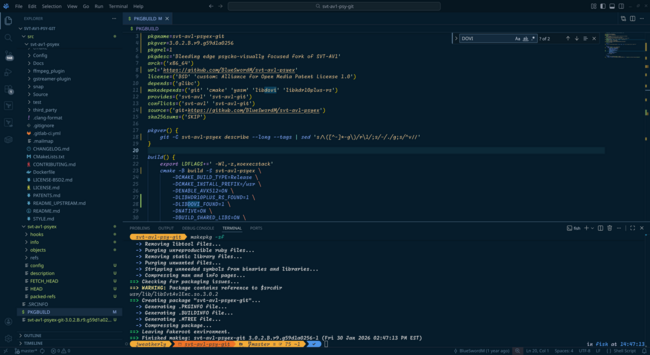 A screenshot of the PKGBUILD for `svt-av1-psy-git` that has been edited to support the `psyex` version. It also enables DOVI and HDR10+ support as well...