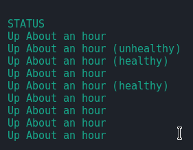 STATUS
Up About an hour
Up About an hour (unhealthy)
Up About an hour (healthy)
Up About an hour
Up About an hour (healthy)
Up About an hour
Up About an hour
Up About an hour
Up About an hour