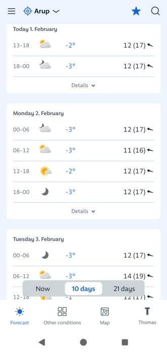 Screenshot der YR.NO App Startseite mit den Wetteraussichten der nächsten Tage für den Ort Arup in Nordjütland. Zw. 12 u. 17 m/sec aus östlicher Richtung und Dauerfrost 2-5° unter Null.