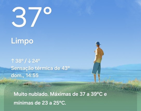 Aplicativo de meteorologia dizendo que a temperatura é de 37 graus e a sensação térmica de 43 graus.