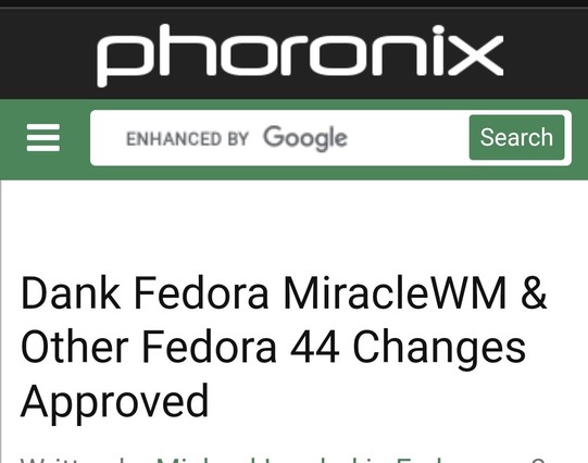 Scrot of Phoronix page, announcing the DankMaterial shell to be included with MiracleWM in Fedora 44
