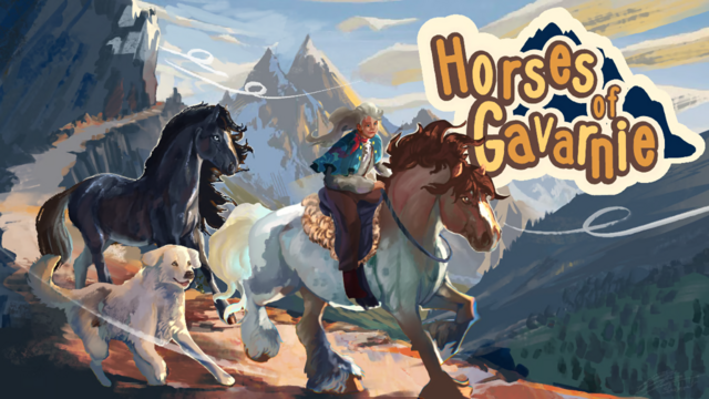 The cover for the game Horses of Gavarnie, featuring a woman riding a white horse and leading another, black one, accompanied by her Pyrenees dog in the mountains across a cliff-side trail