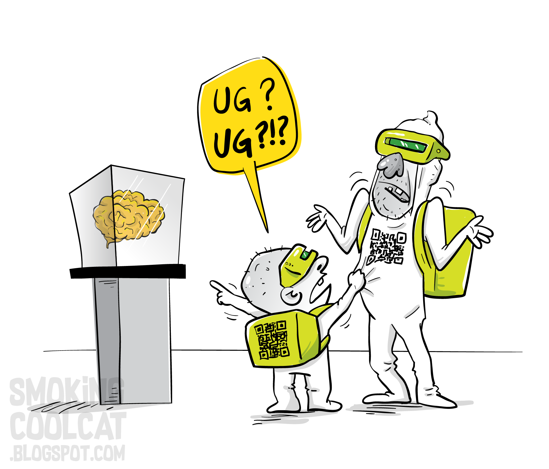 Two persons from the future: a child and an adult. They both wear futuristic glasses, yellow cubical backpacks and QR codes. Next to them is an exhibition of a human brain. The child tugs at the adult's full-body suit, points a finger at the brain and asks inarticulately: "Ug? Ug?!?"