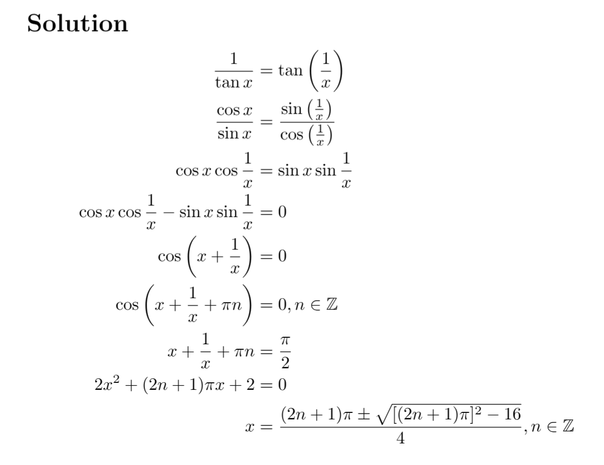 The solution to the math problem showing the use of the sum angle formula for cosine and the quadratic formula to eventually solve the problem.