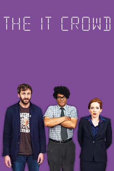 IT Crowd crew from TV series under text "The IT Crowd"
Roy (bearded guy with funny tshirt), Moss (nerd with glasses and strange hair) and Jen as their manager - she's wearing jacket