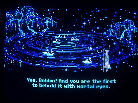 pixel art from loom. sparkling pond with swans. yes, bobbin, you are the first to behold it with mortal eyes.