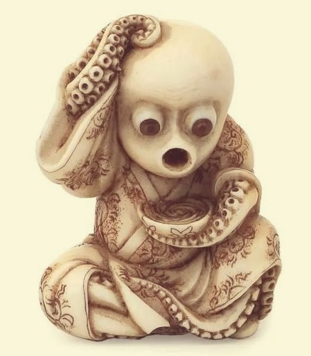 mid 19th century japan, carved ivory netsuke octopus in human clothes with bowl