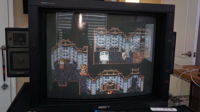 A poor photograph of Terra in bed after being rescued in Narshe on a Sony PVM-2530 CRT running Final Fantasy 6.