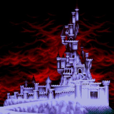 pixel castle under a blood red clouds night sky