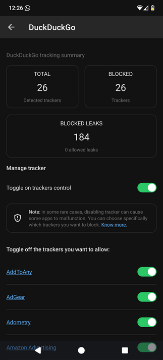 Screenshot showing a number of 184 leaks bij duckduckgo browser