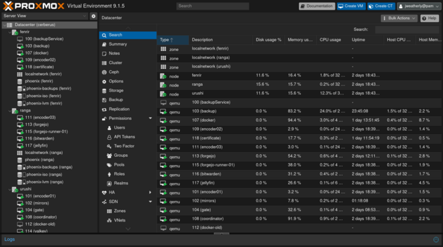 A screenshot of Proxmox showing a few VMs running.  Not shown is the management node running DNS (also running Debian).