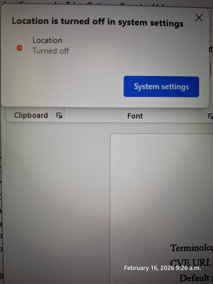 MS Word is complaining that location is turned off.l