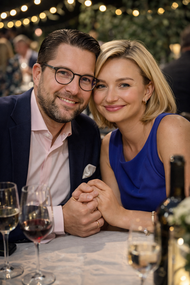En bild av Jimmie Åkesson och Ebba Bush som håller varandra i handen och sitter kind mot kind på en fest. De ser rakt in i kameran och ser glada ut.