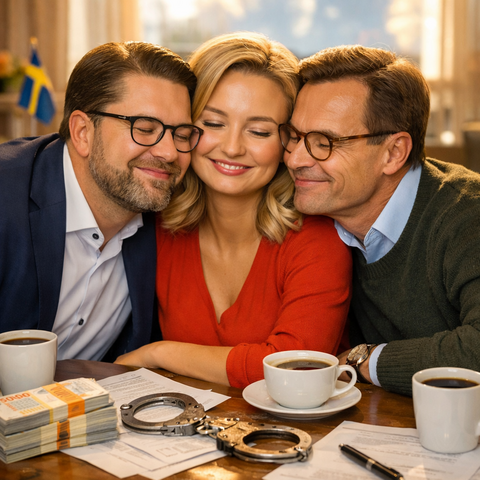 En AI genererad bild av Ulf Kristersson, Ebba Bush och Jimmie Åkesson där de sitter kind mot kind med varandra och ler förälskat. På bordet framför dem finns en bunt sedlar och ett par handklovar