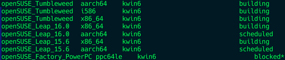 osc r:
openSUSE_Tumbleweed aarch64 kwin6 building
openSUSE_Tumbleweed i586 kwin6 building
openSUSE_Tumbleweed x86_64 kwin6 building
openSUSE_Leap_16.0 x86_64 kwin6 building
openSUSE_Leap_16.0 aarch64 kwin6 scheduled
openSUSE_Leap_15.6 x86_64 kwin6 building
openSUSE_Leap_15.6 aarch64 kwin6 …