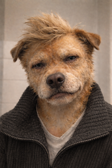 Me as a tan and white mutt with ruffled fur on top and a slight smirk