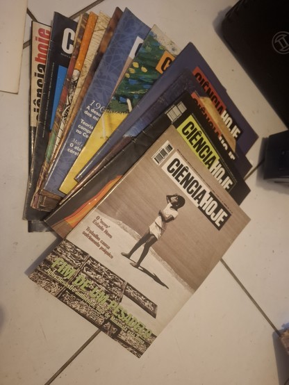 Em um chão vemos uma pilha com várias revistas "ciência hoje".