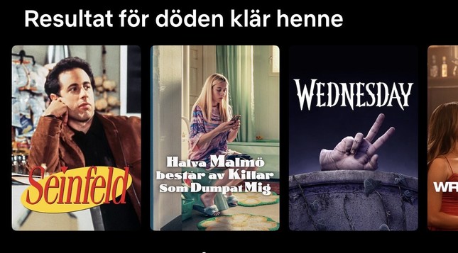 Ett skärmklipp från netflix där sökningen på Death becomes her ger Seinfeldt som första träff