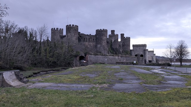 Conwy castle, in the gloom and rain, from the South
