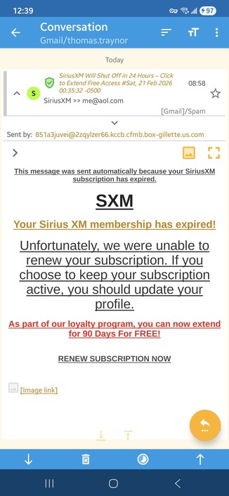 Fake notice from Sirius XM that my subscription cannot be renewed.