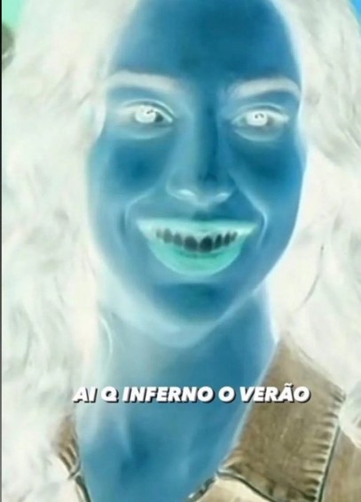 Meme da Marina Sena, com cores invertidas, em que se lê "Ai que inferno o verão".