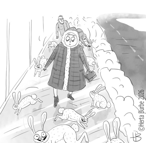 A drawing of people very carefully walking on an icy sidewalk.
There are a lot  of excited happy hares jumping on the same sidewalk.