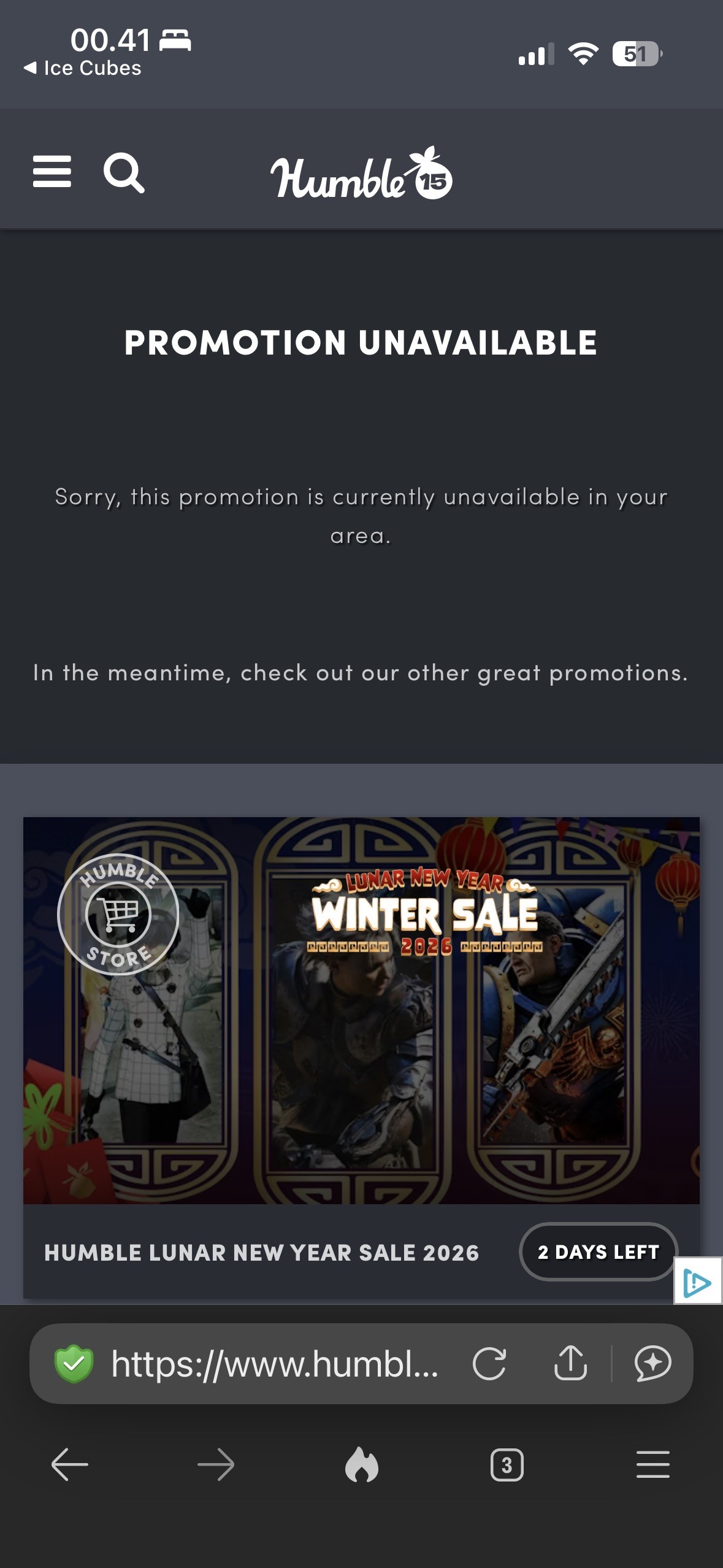 A smartphone screen displaying a "Promotion Unavailable" message from the Humble Store. Below the message, there is a graphic featuring the "Lunar New Year Winter Sale 2026" with two character illustrations.