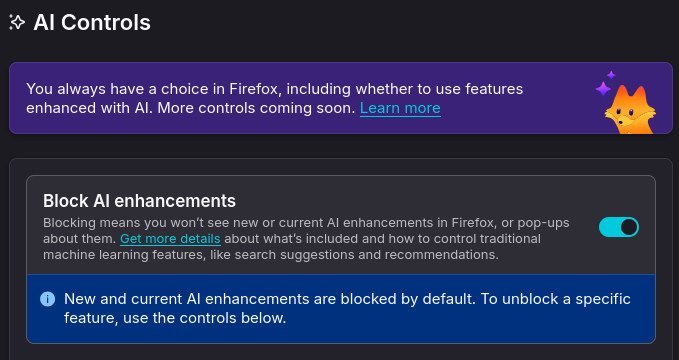 Firefox 148 AI enhancement now blocked with the new global switch.