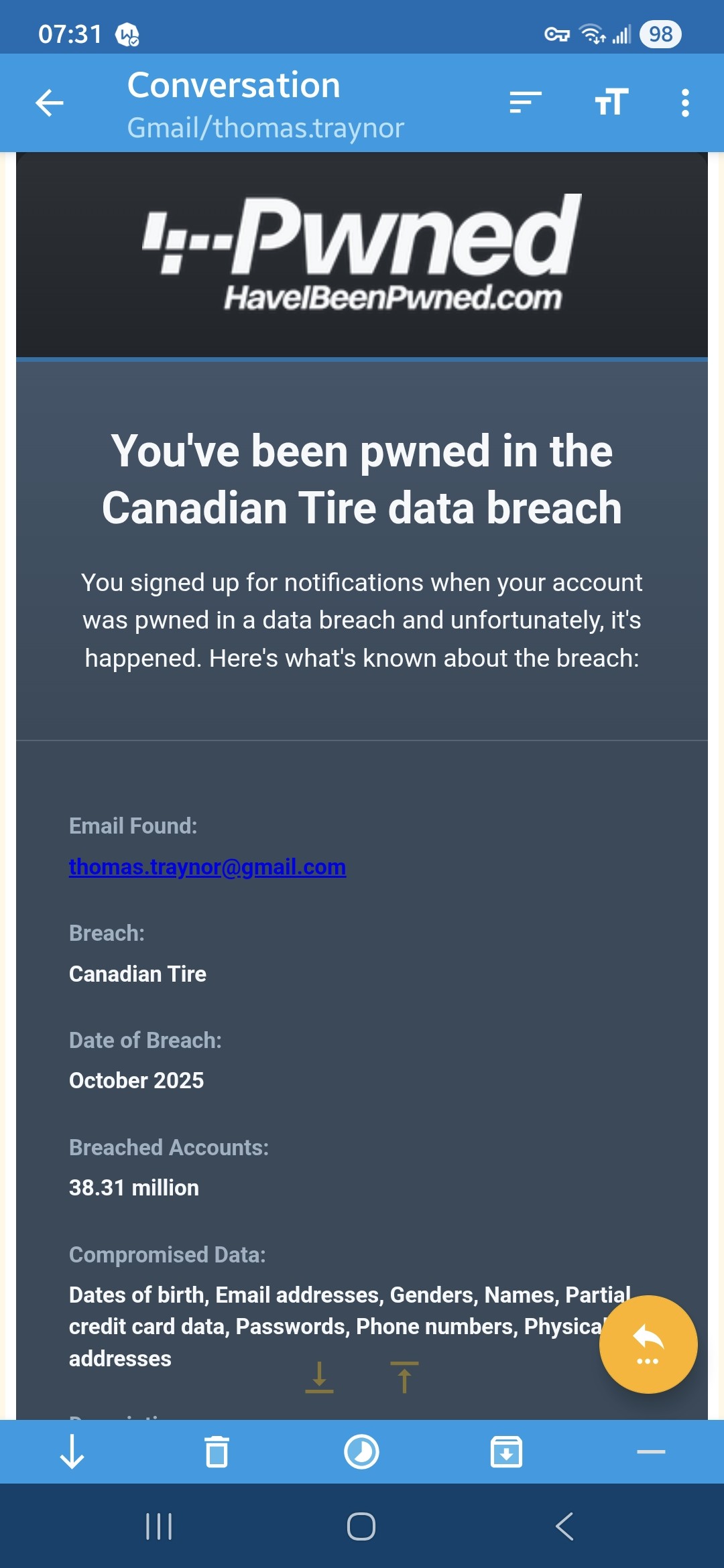 Pwned account in Canadian Tire.  Email notification.