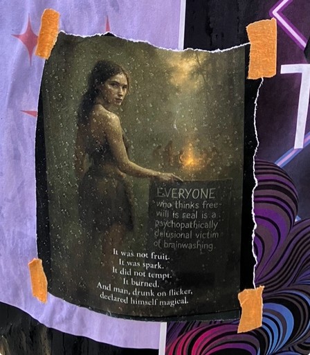 EVERYONE who thinks free will is real is a psychopathically delusional victim of brainwashing. It was not fruit. it was spark. it did not tempt. it burned. and man, drunk on flicker. declared himself magical