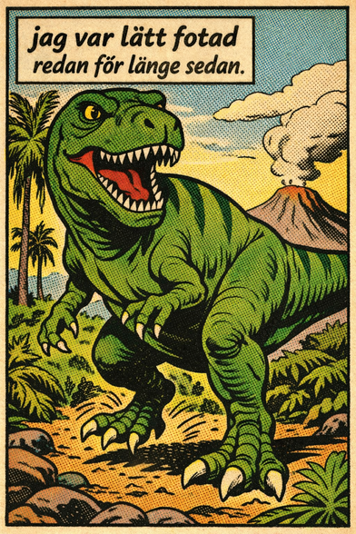 en tecknad bild av en dinosaurie som tar upp den största delen av bilden - texten lyder jag vara lätt fotad redan för länge sedan